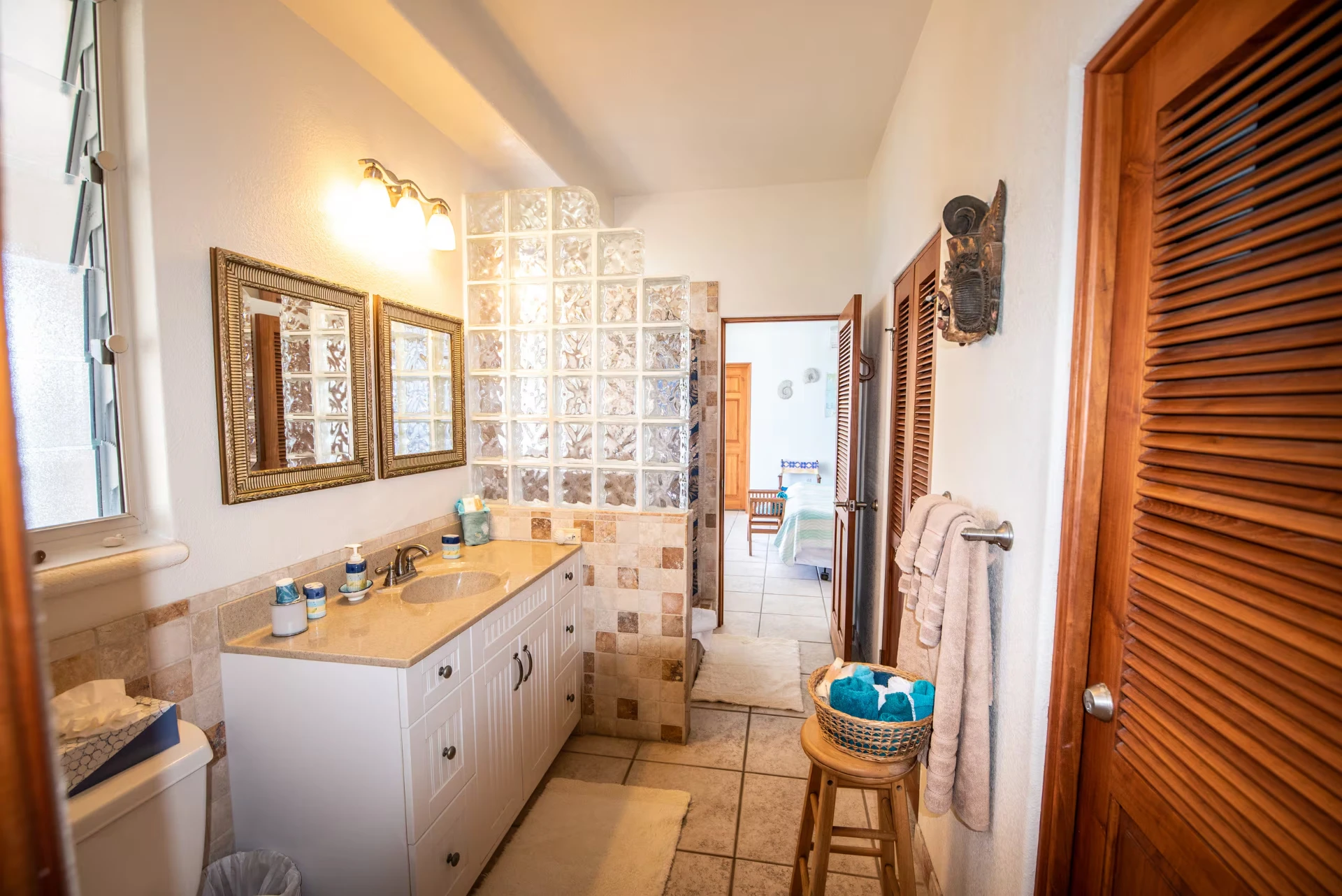 Shared downstairs bathroom with vanity, glass-block walk-in shower and views into the bedroom