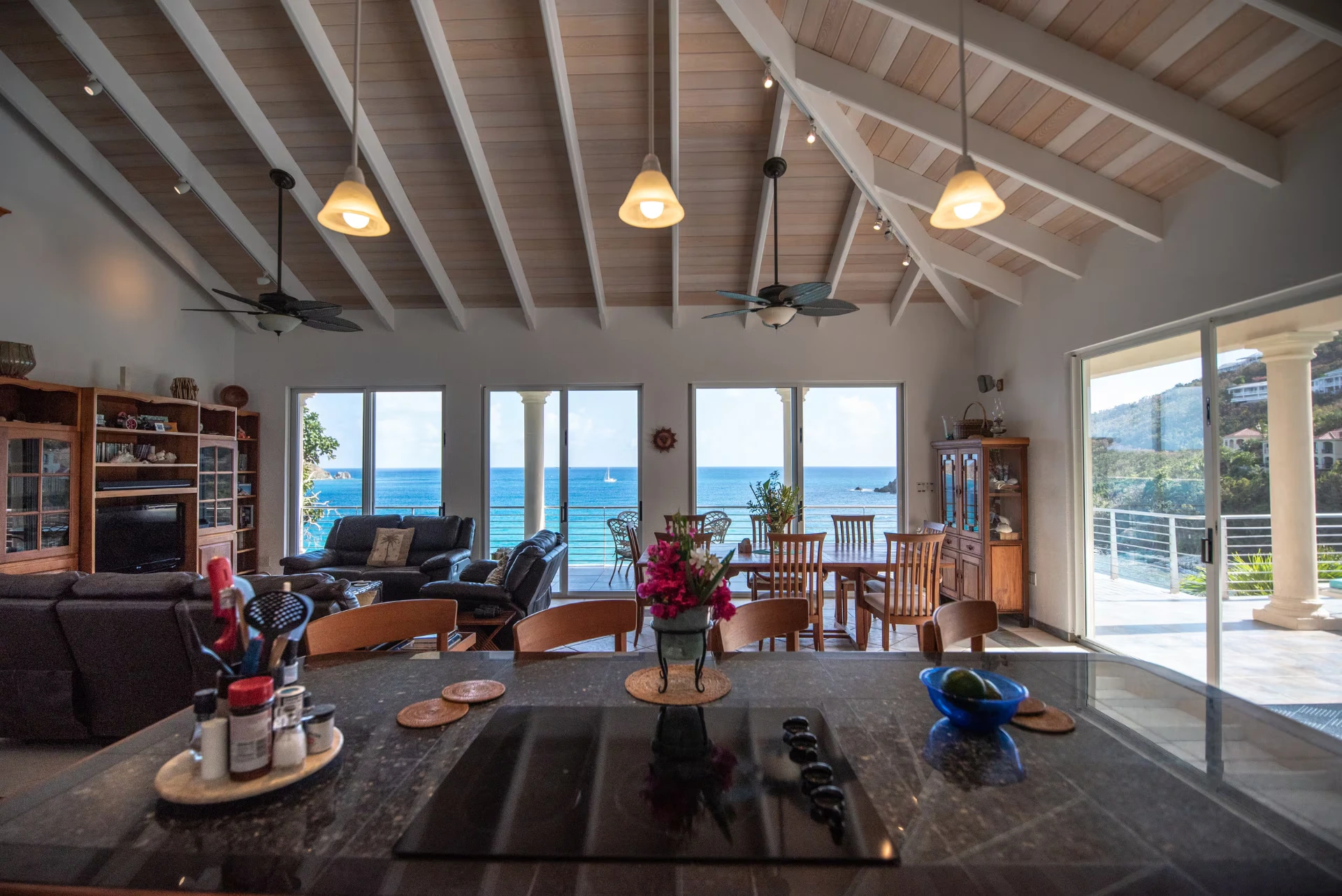 View from the kitchen island across the great room to the water