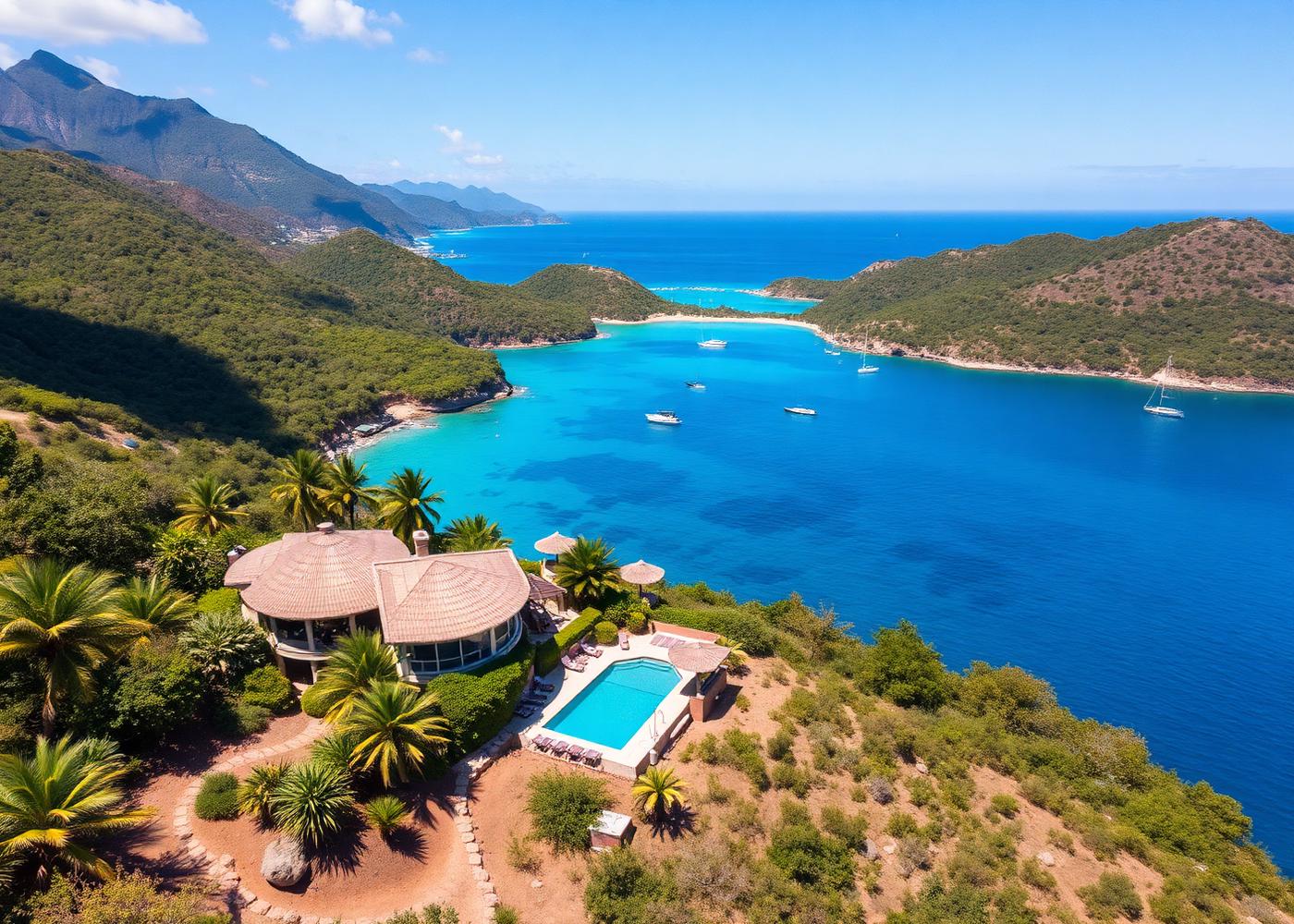 Aerial view of the villa above a turquoise bay