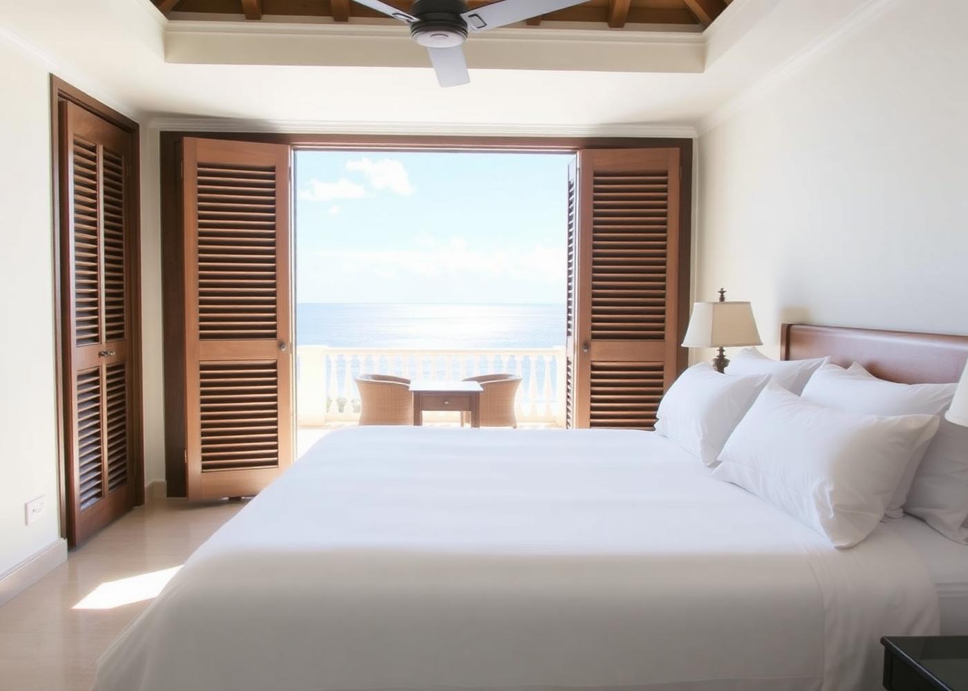 Bedroom with king bed and balcony over the sea